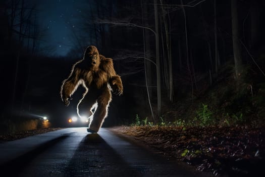 bigfoot running along interstate forest road at night in light of car headlights. Neural network generated in May 2023. Not based on any actual person, scene or pattern.
