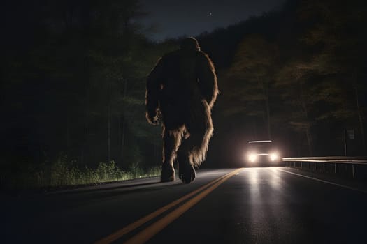 bigfoot running along interstate forest road at night in light of car headlights. Neural network generated in May 2023. Not based on any actual person, scene or pattern.