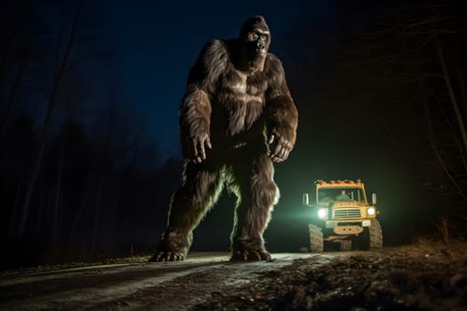 bigfoot running along interstate forest road at night in light of car headlights. Neural network generated in May 2023. Not based on any actual person, scene or pattern.