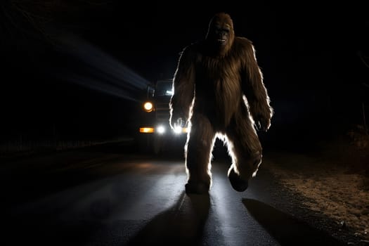 bigfoot running along interstate forest road at night in light of car headlights. Neural network generated in May 2023. Not based on any actual person, scene or pattern.