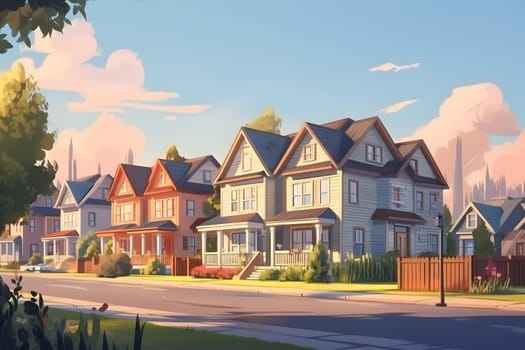 Perfect American neighborhood. Houses in suburban area at summer day. Neural network generated in May 2023. Not based on any actual person, scene or pattern.