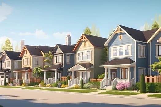 Perfect American neighborhood. Houses in suburban area at summer day. Neural network generated in May 2023. Not based on any actual person, scene or pattern.