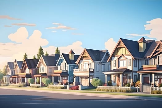 Perfect American neighborhood. Houses in suburban area at summer day. Neural network generated in May 2023. Not based on any actual person, scene or pattern.