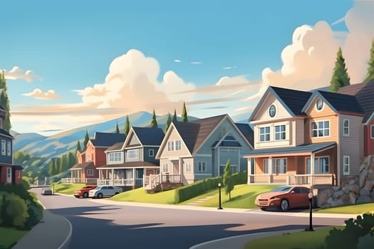 Perfect American neighborhood. Houses in suburban area at summer day. Neural network generated in May 2023. Not based on any actual person, scene or pattern.