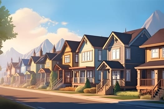 Perfect American neighborhood. Houses in suburban area at summer day. Neural network generated in May 2023. Not based on any actual person, scene or pattern.