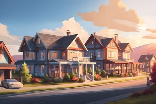 Perfect American neighborhood. Houses in suburban area at summer day. Neural network generated in May 2023. Not based on any actual person, scene or pattern.