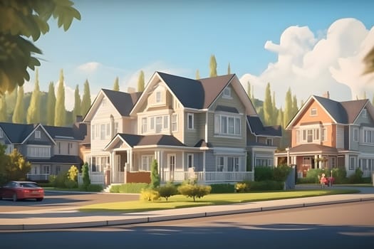 Perfect American neighborhood. Houses in suburban area at summer day. Neural network generated in May 2023. Not based on any actual person, scene or pattern.