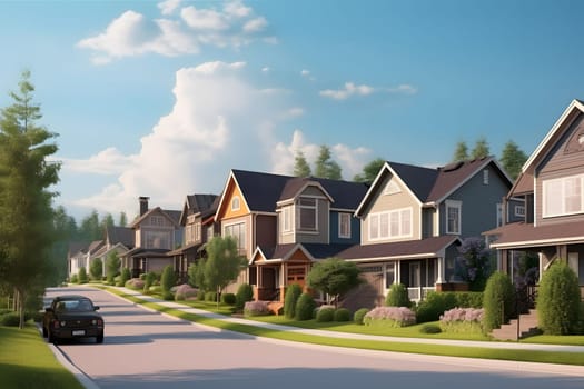 Perfect American neighborhood. Houses in suburban area at summer day. Neural network generated in May 2023. Not based on any actual person, scene or pattern.