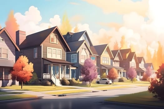 Perfect American neighborhood. Houses in suburban area at summer day. Neural network generated in May 2023. Not based on any actual person, scene or pattern.