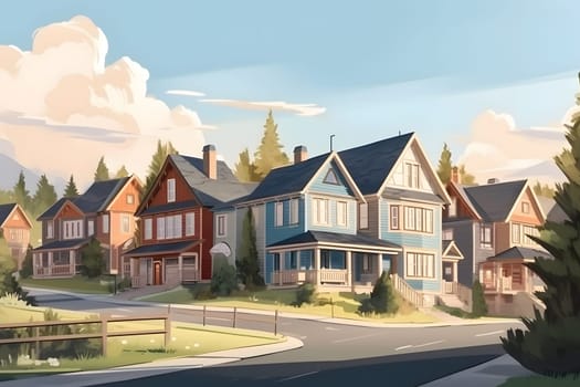 Perfect American neighborhood. Houses in suburban area at summer day. Neural network generated in May 2023. Not based on any actual person, scene or pattern.