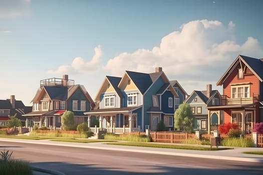 Perfect American neighborhood. Houses in suburban area at summer day. Neural network generated in May 2023. Not based on any actual person, scene or pattern.