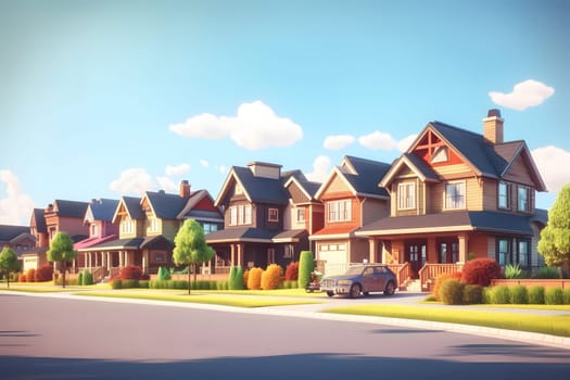 Perfect American neighborhood. Houses in suburban area at summer day. Neural network generated in May 2023. Not based on any actual person, scene or pattern.
