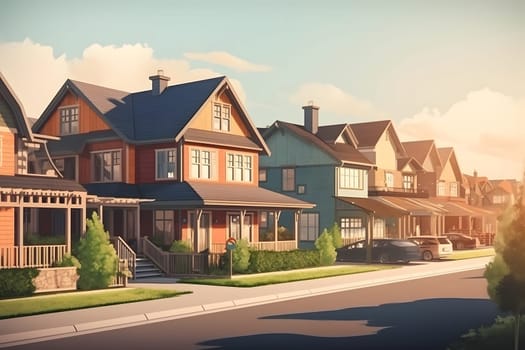 Perfect American neighborhood. Houses in suburban area at summer day. Neural network generated in May 2023. Not based on any actual person, scene or pattern.