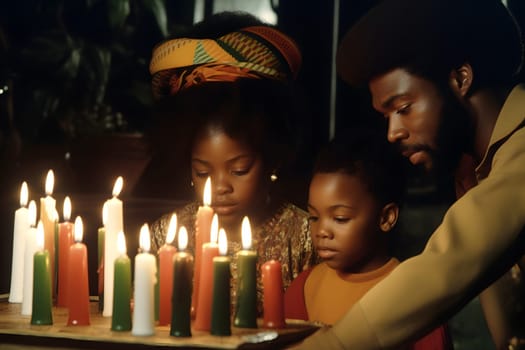 african family celebrates Kwanzaa with colored candles indoors. Neural network generated in May 2023. Not based on any actual person, scene or pattern.