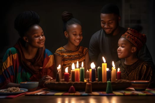 african family celebrates Kwanzaa with colored candles indoors. Neural network generated in May 2023. Not based on any actual person, scene or pattern.