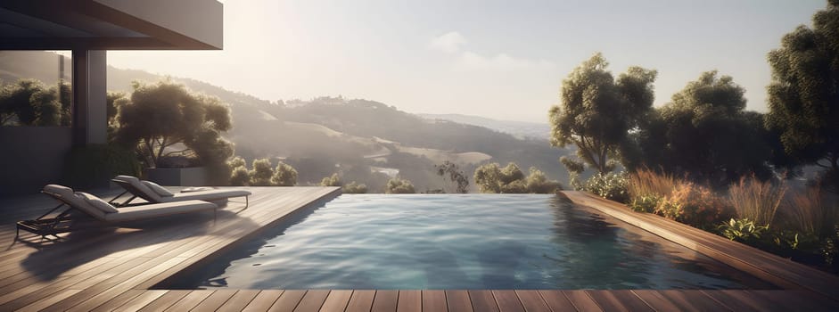 a pool on terrace with overlooking hill view at expensive villa or rich resort. Neural network generated in May 2023. Not based on any actual person, scene or pattern.