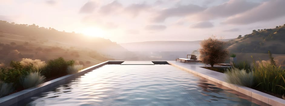 a pool on terrace with overlooking hill view at expensive villa or rich resort. Neural network generated in May 2023. Not based on any actual person, scene or pattern.