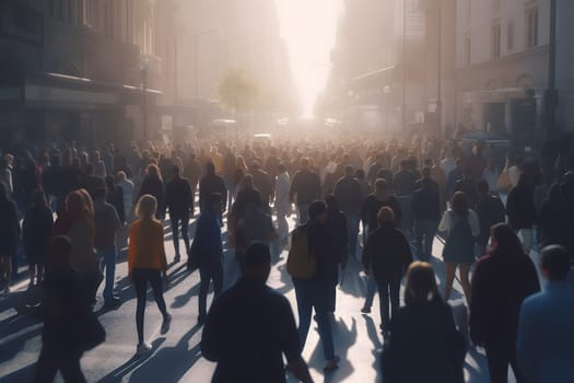 crowd of people walking on city street at foggy morning. Neural network generated in May 2023. Not based on any actual person, scene or pattern.