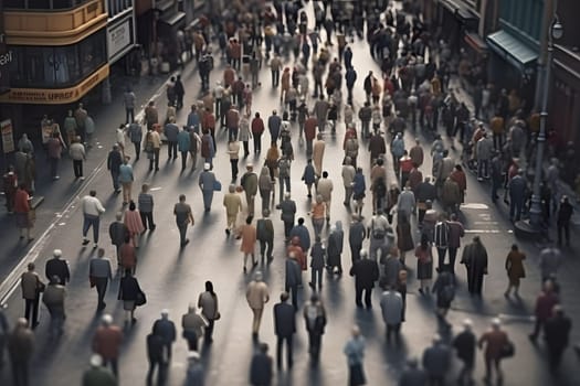crowd of people walking on city street at summer morning. Neural network generated in May 2023. Not based on any actual person, scene or pattern.