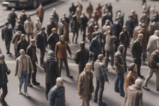 crowd of people walking on city street at summer morning. Neural network generated in May 2023. Not based on any actual person, scene or pattern.