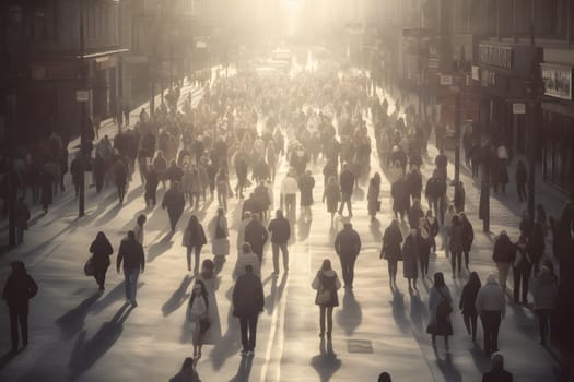 crowd of people walking on city street at foggy morning. Neural network generated in May 2023. Not based on any actual person, scene or pattern.