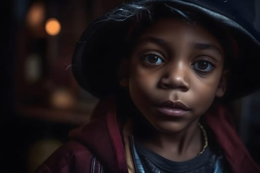 close portrait of young african american boy dressed in costume for halloween party. Neural network generated in May 2023. Not based on any actual person, scene or pattern.