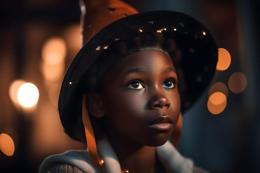 close portrait of young african american boy dressed in costume for halloween party. Neural network generated in May 2023. Not based on any actual person, scene or pattern.