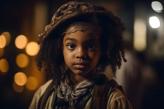 close portrait of young african american girl dressed in costume for halloween party. Neural network generated in May 2023. Not based on any actual person, scene or pattern.