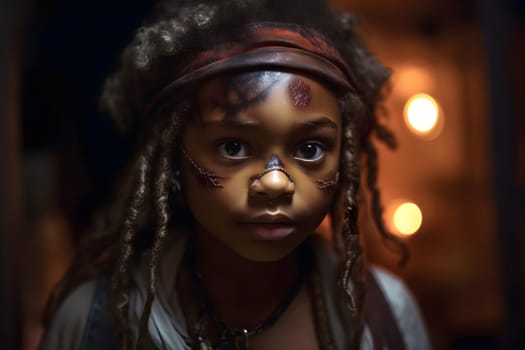 close portrait of young african american girl dressed in costume for halloween party. Neural network generated in May 2023. Not based on any actual person, scene or pattern.
