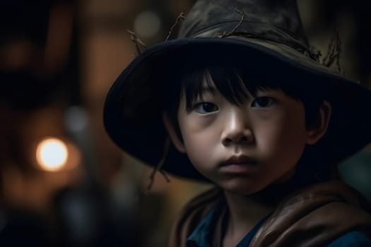 close portrait of young asian boy dressed in costume for halloween party. Neural network generated in May 2023. Not based on any actual person, scene or pattern.
