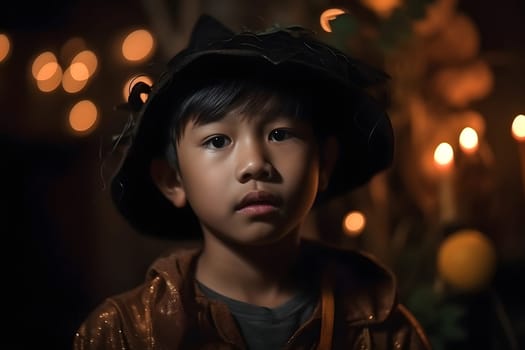 close portrait of young asian boy dressed in costume for halloween party. Neural network generated in May 2023. Not based on any actual person, scene or pattern.