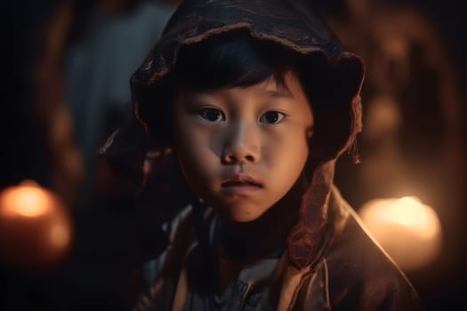 close portrait of young asian boy dressed in costume for halloween party. Neural network generated in May 2023. Not based on any actual person, scene or pattern.