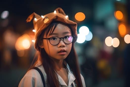 close portrait of young asian girl dressed in costume for halloween party. Neural network generated in May 2023. Not based on any actual person, scene or pattern.