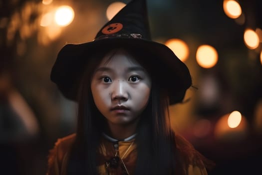 close portrait of young asian girl dressed in costume for halloween party. Neural network generated in May 2023. Not based on any actual person, scene or pattern.