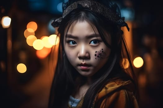 close portrait of young asian girl dressed in costume for halloween party. Neural network generated in May 2023. Not based on any actual person, scene or pattern.