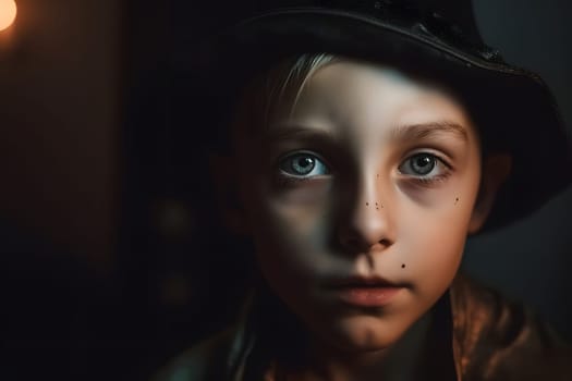 close portrait of young caucasian boy dressed in costume for halloween party. Neural network generated in May 2023. Not based on any actual person, scene or pattern.