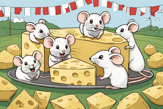 mice eating cheese in a party comic illustration allegory with blue background and flags