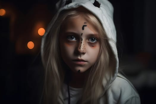 close portrait of young caucasian girl dressed in costume for halloween party. Neural network generated in May 2023. Not based on any actual person, scene or pattern.