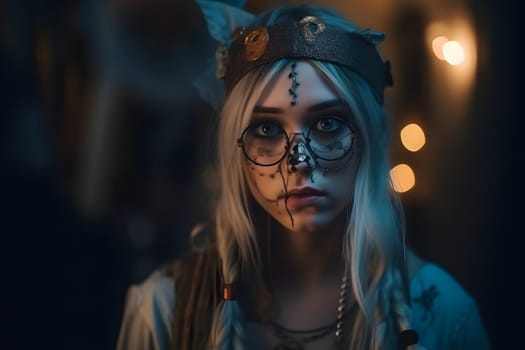 close portrait of young caucasian girl dressed in costume for halloween party. Neural network generated in May 2023. Not based on any actual person, scene or pattern.