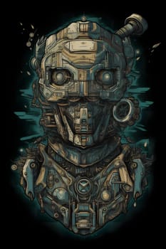 cool robot head on black background for t-shirt design. Neural network generated in May 2023. Not based on any actual person, scene or pattern.