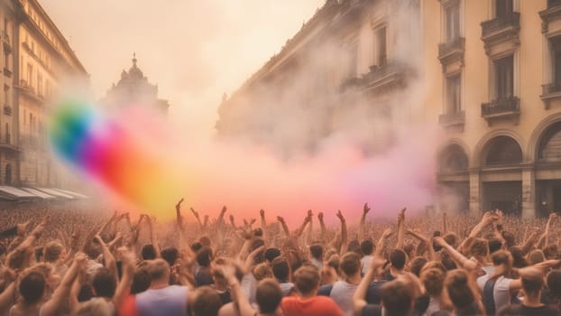 crowded lgbt community and activists celebrate gay pride parade, rainbow colours, big city ai genrative art illustration