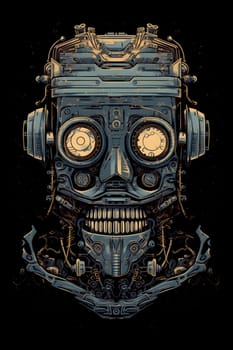 cool robot head on black background for t-shirt design. Neural network generated in May 2023. Not based on any actual person, scene or pattern.