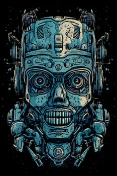 cool robot head on black background for t-shirt design. Neural network generated in May 2023. Not based on any actual person, scene or pattern.