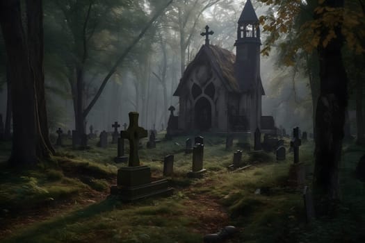 scary old abandoned graveyard and church in the woods at cloudy day. Neural network generated in May 2023. Not based on any actual person, scene or pattern.