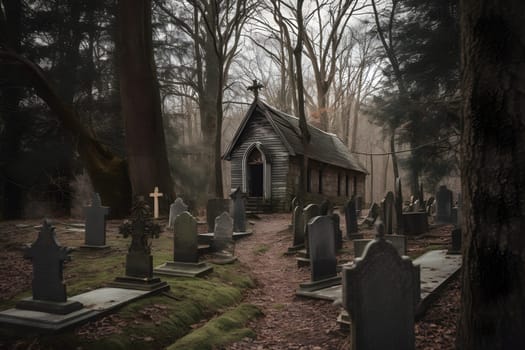 scary old abandoned graveyard and church in the woods at cloudy day. Neural network generated in May 2023. Not based on any actual person, scene or pattern.