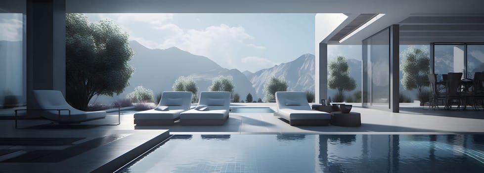 modern luxury lounge and pool area in the style of french landscaping. Neural network generated in May 2023. Not based on any actual person, scene or pattern.