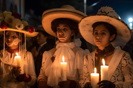Three women with Catrina costumes and with skull make-up holding candles at the parade for dia de los muertos. Not based on any actual person, scene or pattern.