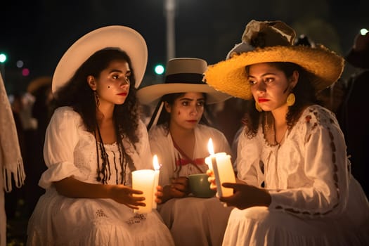 Three women with Catrina costumes and with skull make-up holding candles at the parade for dia de los muertos. Not based on any actual person, scene or pattern.