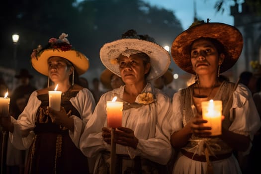 Three women with Catrina costumes and with holding candles at the parade for dia de los muertos. Not based on any actual person, scene or pattern.