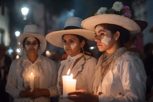 Three women with Catrina costumes and with skull make-up holding candles at the parade for dia de los muertos. Not based on any actual person, scene or pattern.